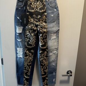 Dolce & Gabbana Distressed Brocade Patchwork Relaxed Cropped Jeans